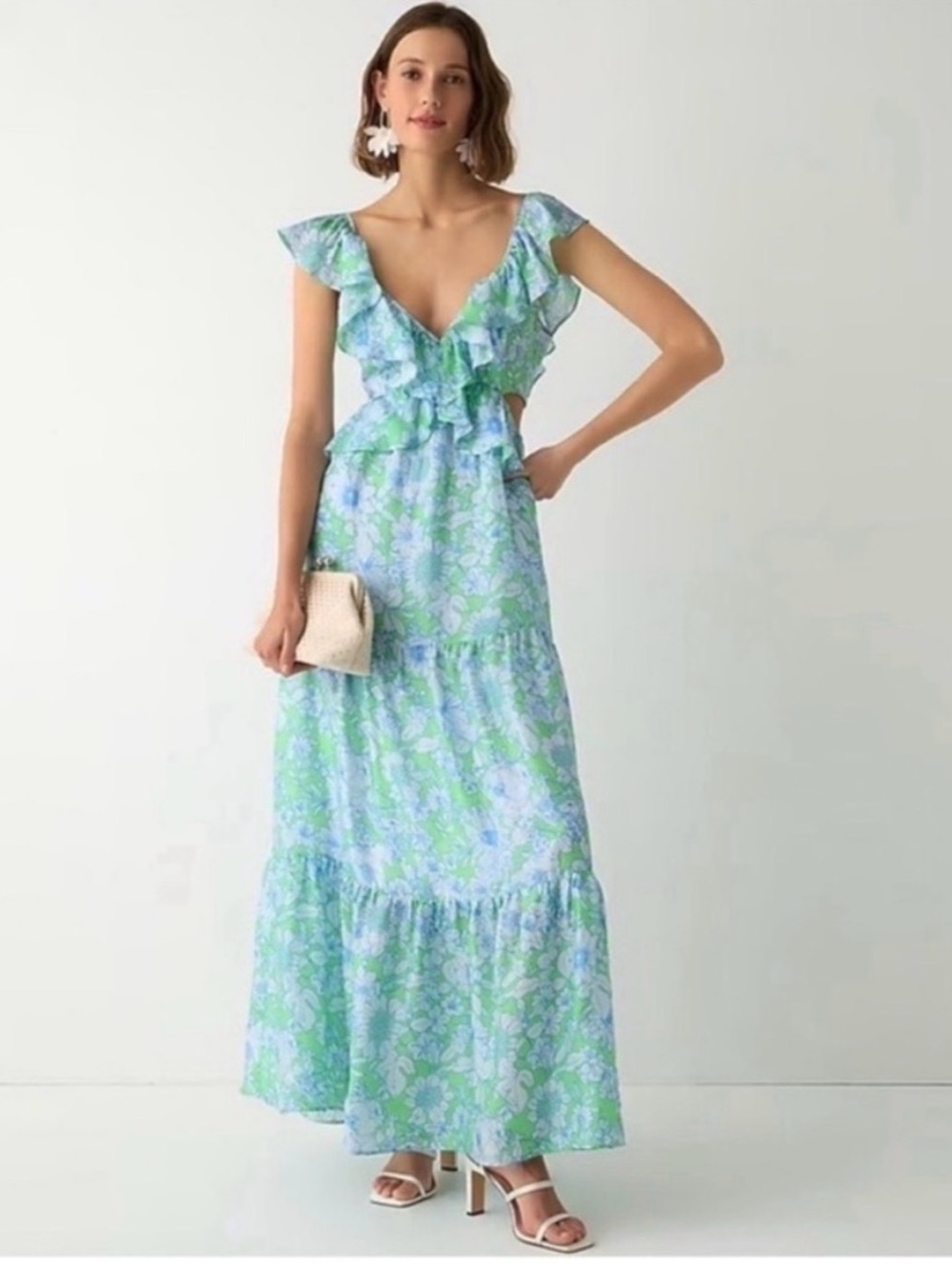 J. Crew Floral Ruffle Maxi Dress in Light Blue & Green - Picture 2 of 6